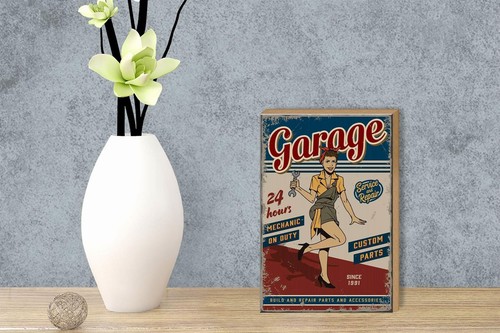 Holzschild Retrò 12x18 cm Pinup Garage 24 ore riparazione Auto Schild insegna legno - Foto 4 di 5