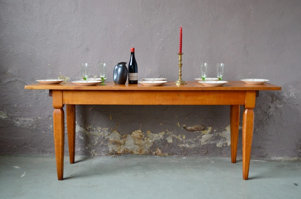 Grande table ancienne de ferme ou de bistrot en bois massif clair style bohème  - Photo 3/4