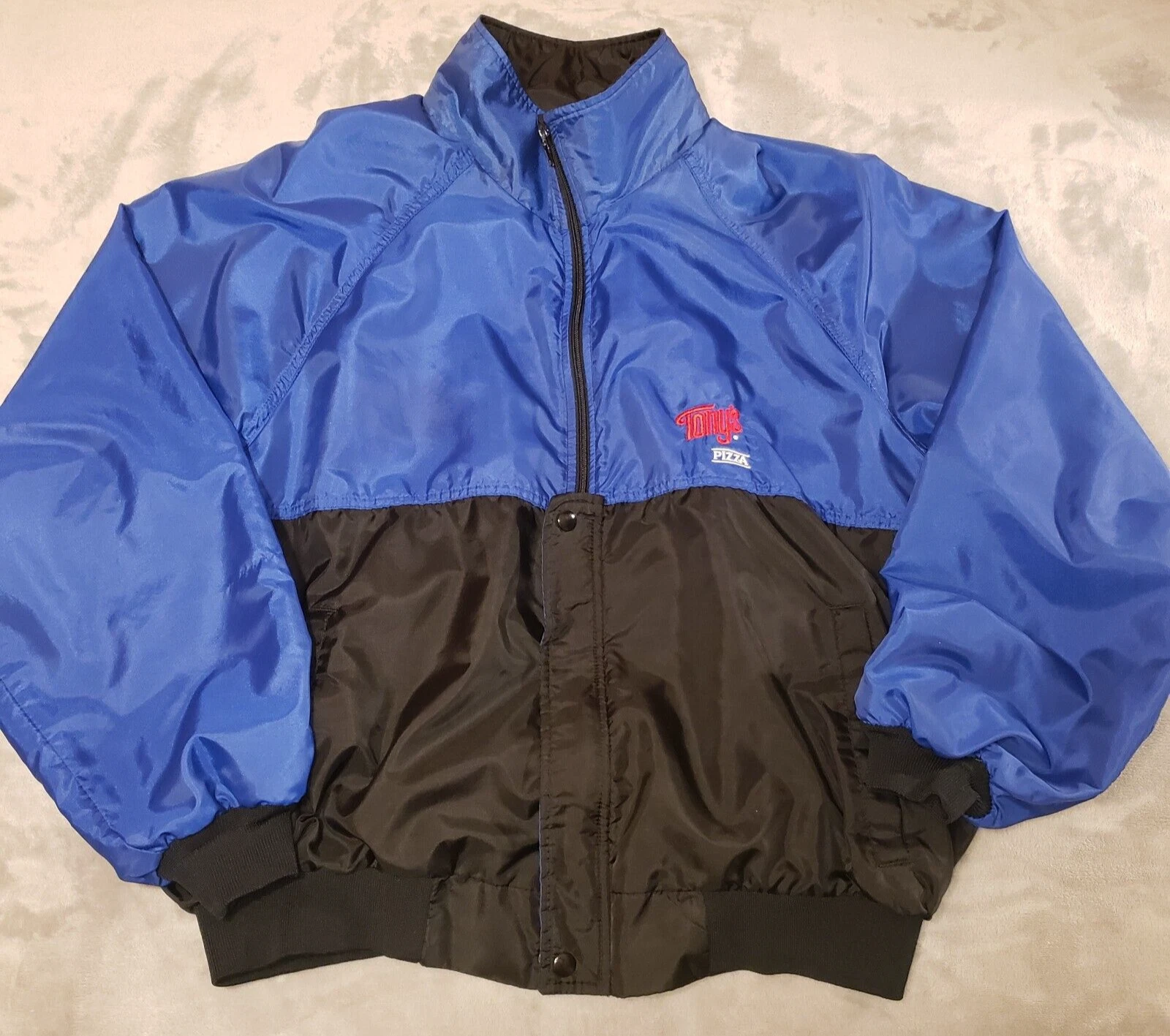 Vtg 80s K-Products Men's Blue and Black Tony's Pizza Delivery Jacket Size XL USA