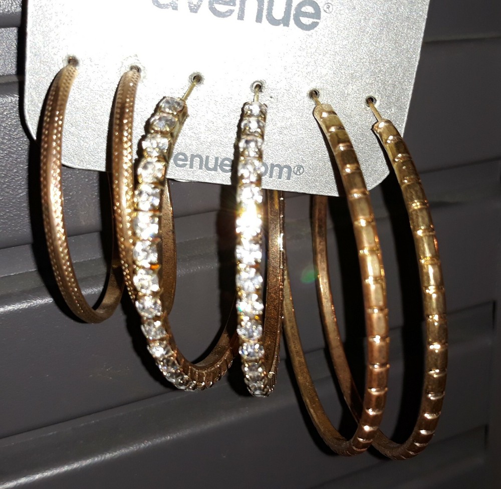 New Avenue 3-Piece Hoop Earrings Set with Faux Diamonds 1.5" 2" 3" Sizes