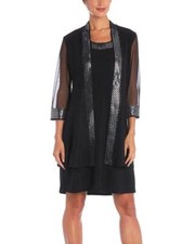 R M RICHARDS 12 Black/Silver Sequin Trim Sheer Sleeve Jacket Dress NWT