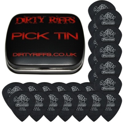 24 x Dunlop Tortex Pitch Black Jazz-Gitarren-Plektren - 1,50 mm in einer handlichen Plektrum-Dose
