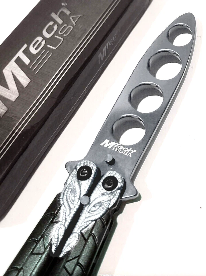 Cuchillo de práctica MTech Butterfly Balisong Entrenador Hoja opaca Metal plateado Foto 3 de 3