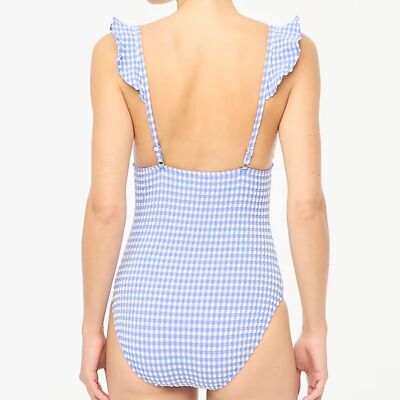 j crew ruffle deep v neck beach dress J. Crew Cotton Voile Ruffle Stripe Midi Dress Beach Coastal Blue White Sz M NWT