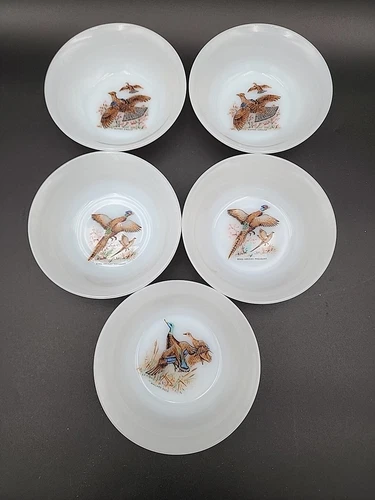 Vintage Fire King Anchor Hocking Game Birds Set Of 5  Dessert/Fruit Bowls 4 7/8"