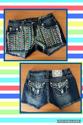 Miss Me Boho Signature Denim Shorts Embroidered Tribal SUN DAZED JW6364H 26 27