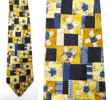 Geoffrey Beene Silk Tie Necktie Made in USA - Blue & Yellow Floral Block Print