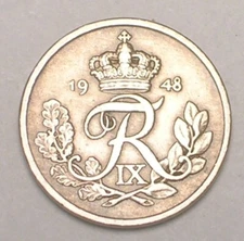 1948 Denmark Danish 10 Ore Crowned Monogram Coin VF+