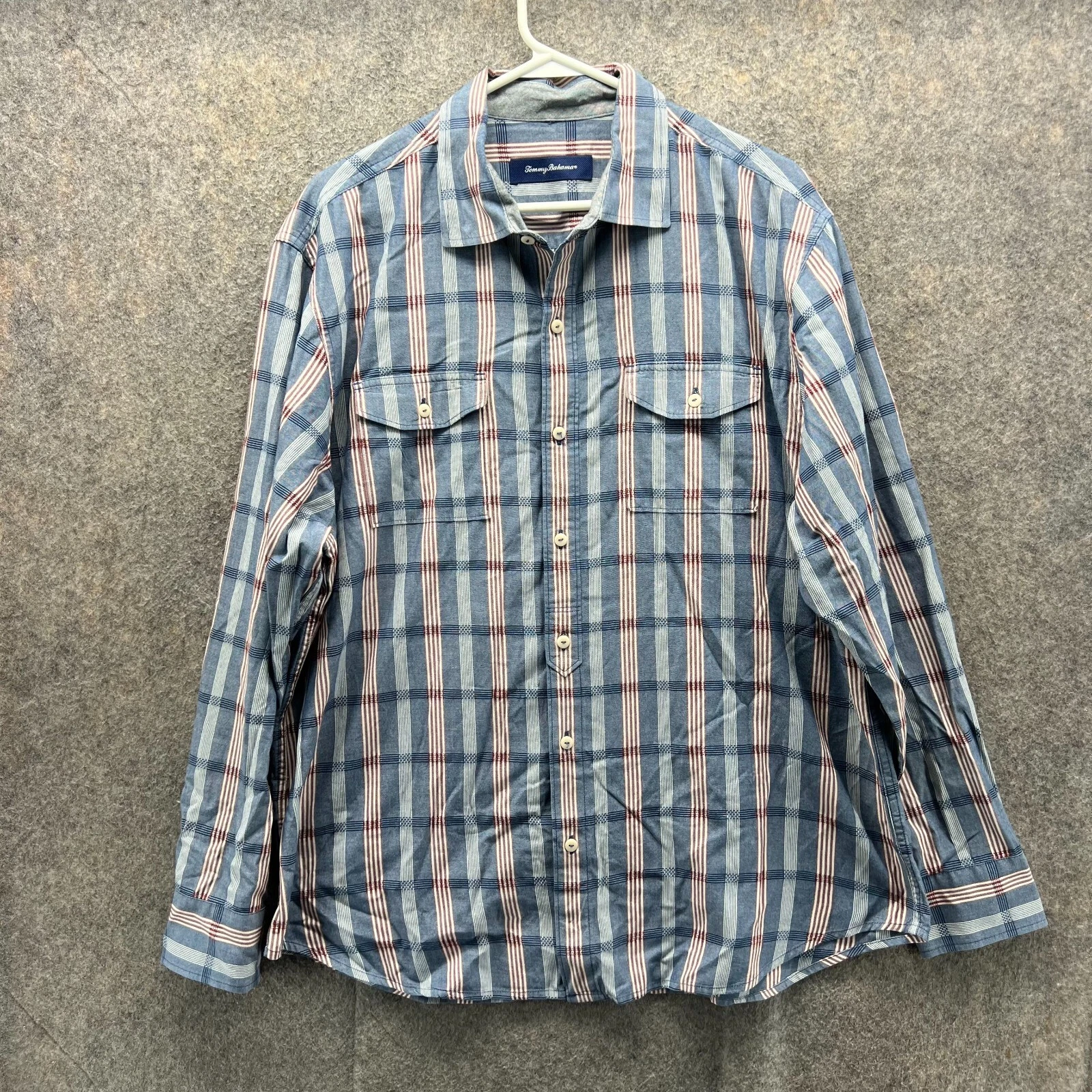 Tommy Bahama Shirt Mens Extra Large Blue Red Button Down Striped Plaid XL