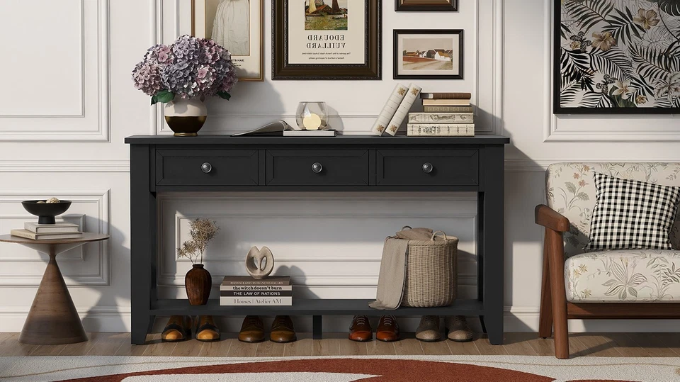 Consola de entrada U_Style 55,4": 3 cajones, patas de álamo, asas de metal Foto 4 de 4