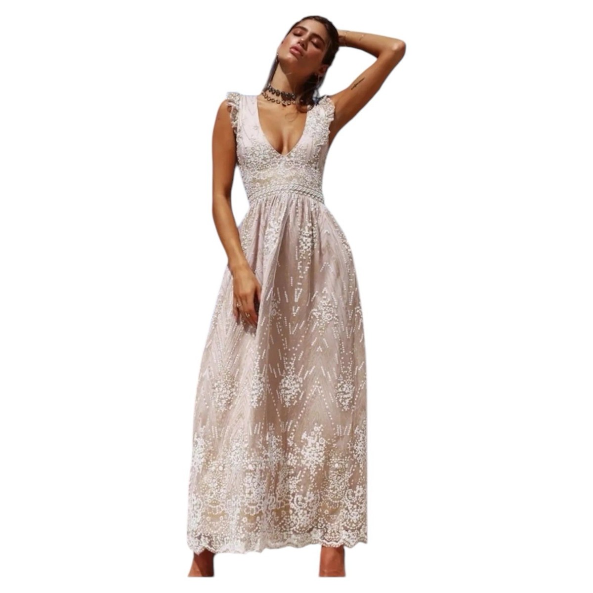 hello molly gold on the ceiling dress Hello Molly Gold on the Ceiling Maxi Dress Glitter Lace Size 6/Medium Champagne
