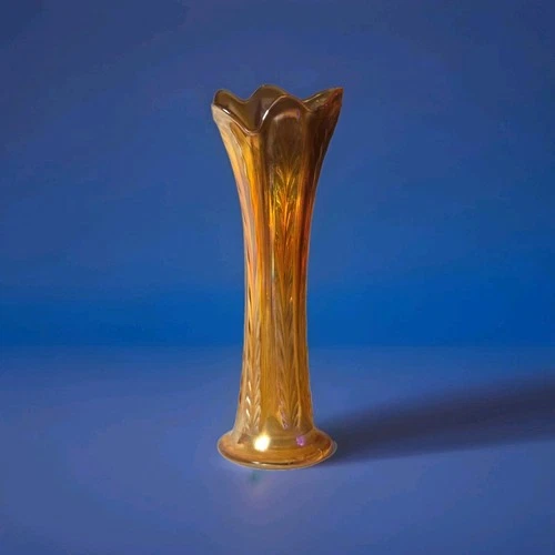 Vintage Fenton Plume Panels 10.5”  Carnival Glass Vase Marigold