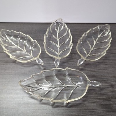 LOT OF 4 VINTAGE LEAF SHAPED DISH BOWL Fruit Candy Glass Dish 9.75''  X 4.25 