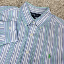 Vintage Ralph Lauren Custom Fit Mens Large Blue Striped Pony Button Down LS