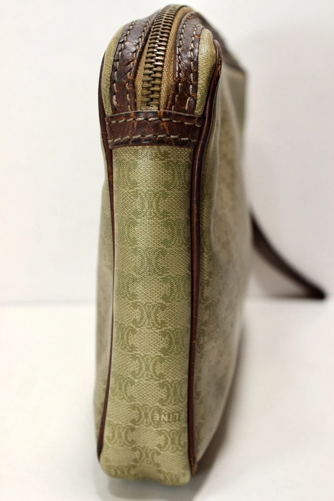 Borsa pochette vintage CELINE Macadam PVC marrone chiaro cinturino da polso