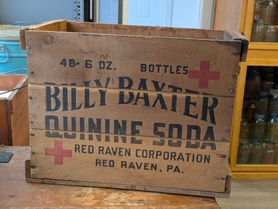 Billy Baxter QUININE SODA Wood Crate Advertising Sign Red Raven Pennsylvania 