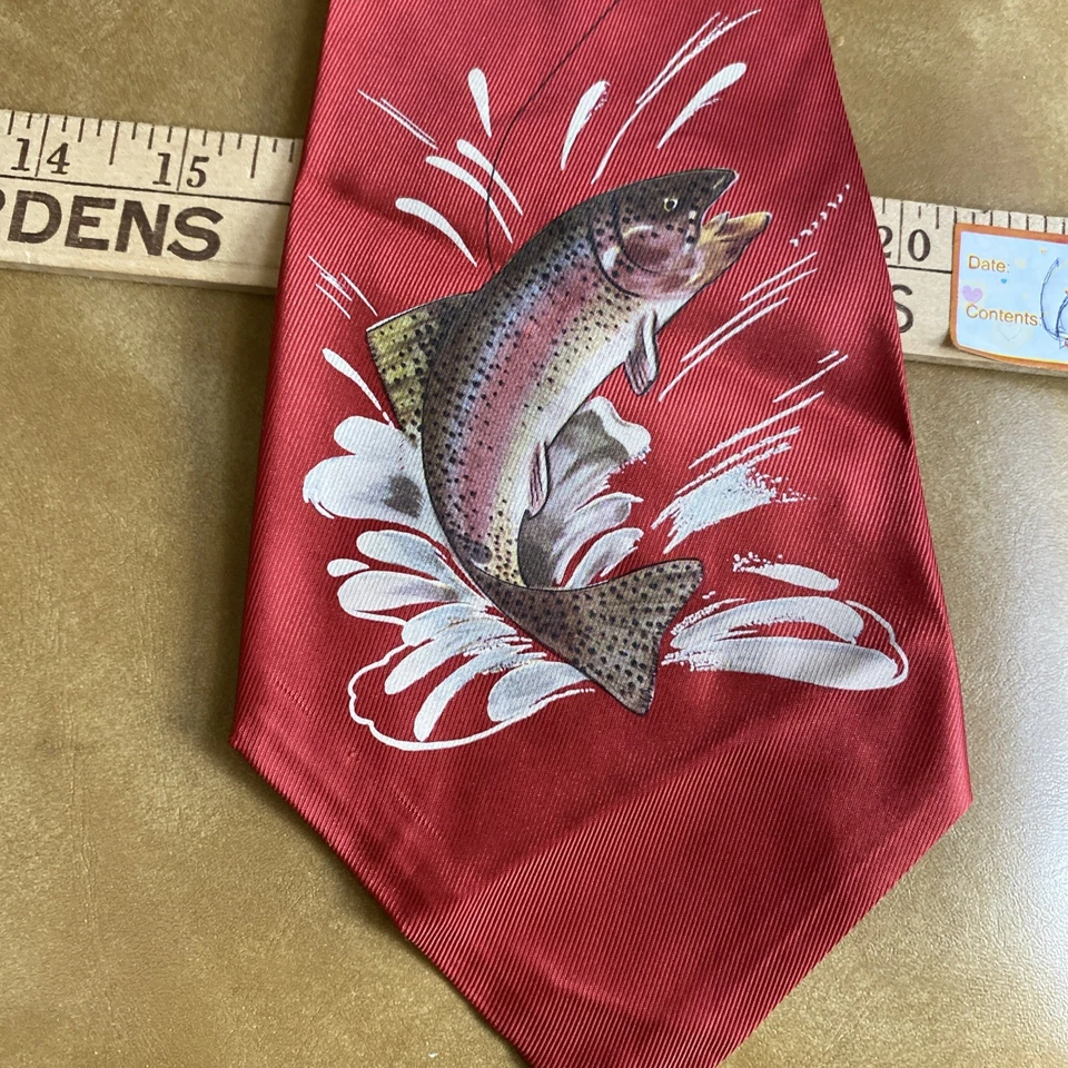 Rainbow Trout And Lure On Red Silk Vintage Cravat Unique Signe Garman Artist - Image 4 of 4