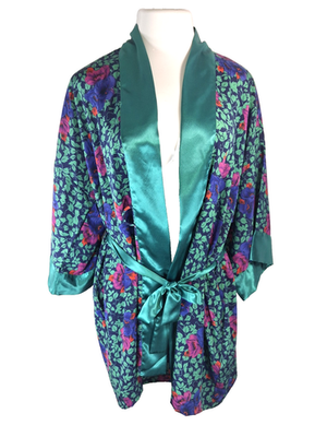 #ad VTG 80s Victorias Secret Green Satin Floral Robe Pink Kimono EUC Belt VS $25.00