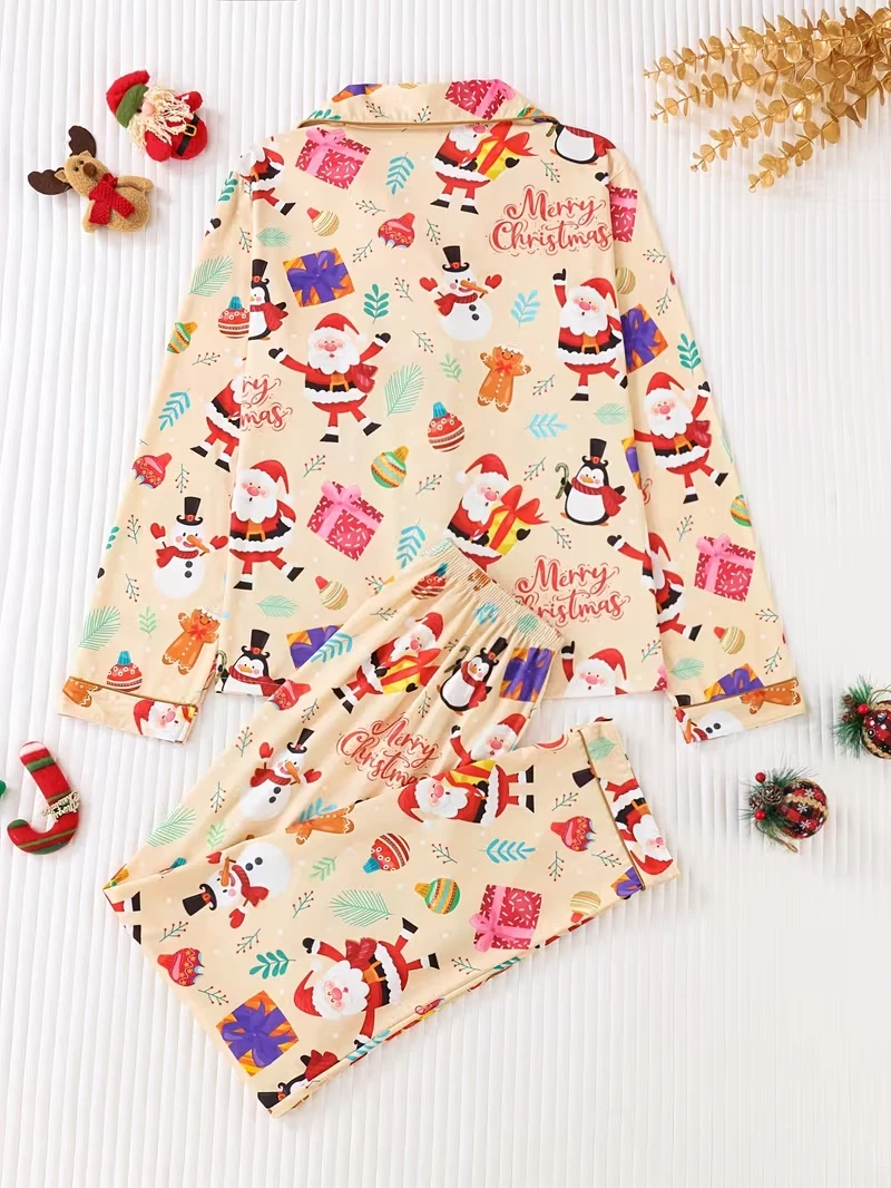 Beige Santa Gift Box Long Sleeve Pajama Set 3D All Over Print