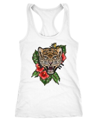 Ladies Tank Top Tiger Patch Tropical Palm Leaves Summer Embroidery Effect Racerback