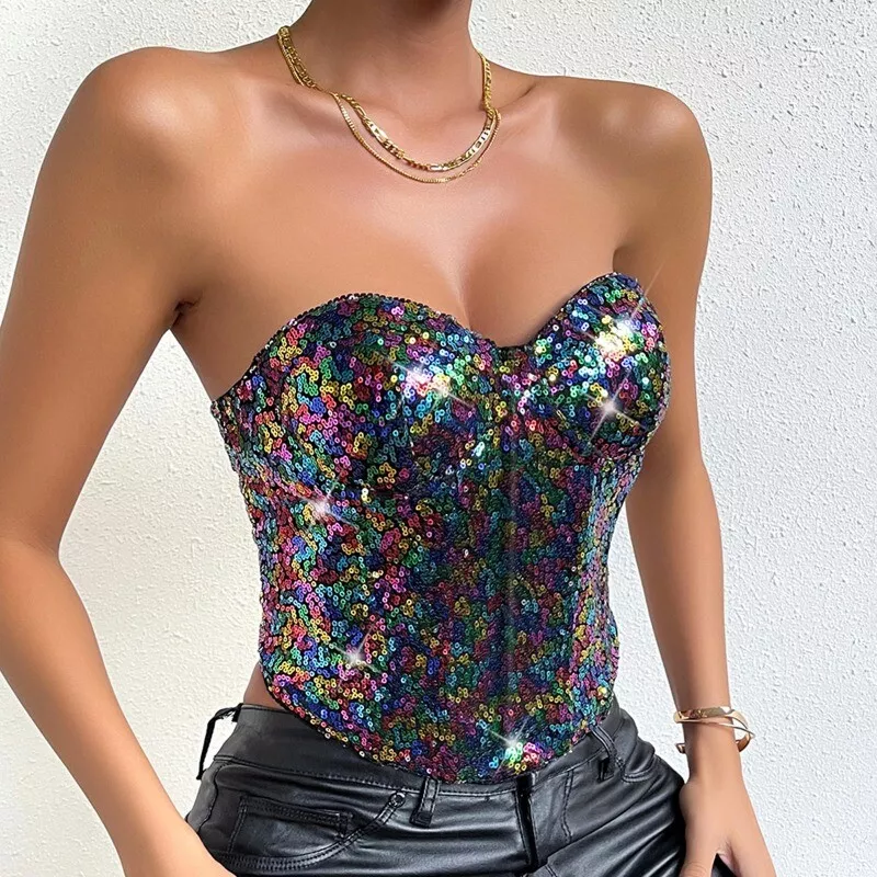 Ladies Glitter Sequin Strapless Bustier Boned Corset Tank Top Punk Club Bar  Sexy