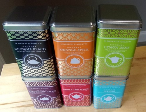 BROWNE & ASHLEY SET OF SIX TINS WITH GOURMET FLAVORED GREEN TEAS, 2019, NEW - Picture 2 of 13