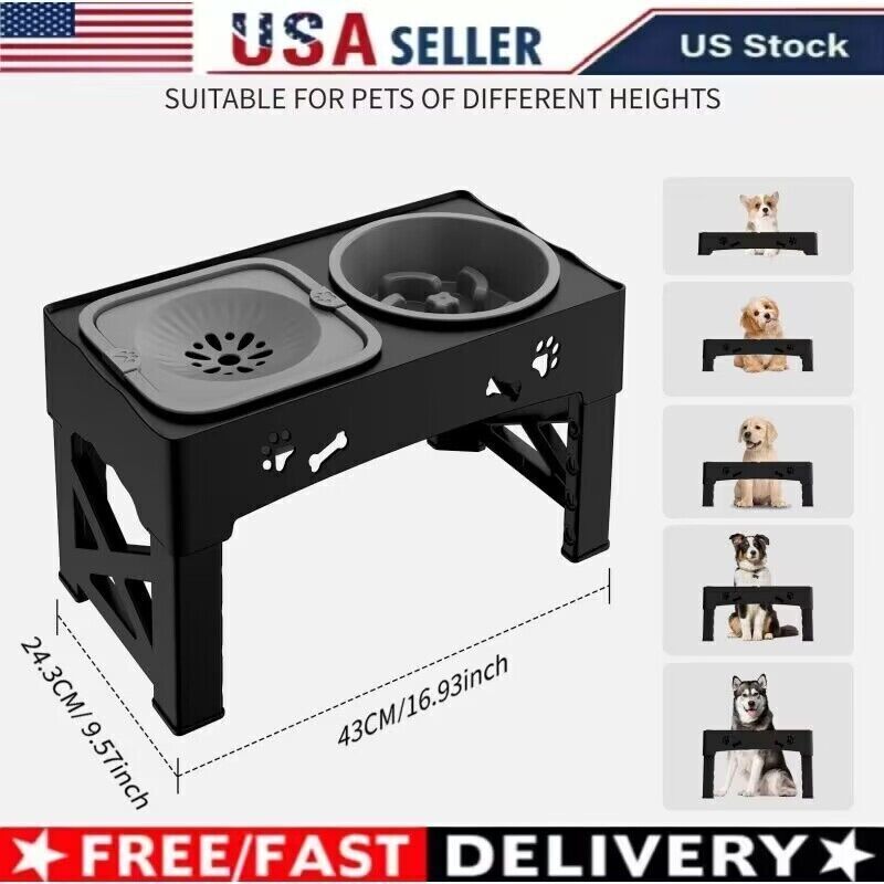 Elevated Raised Pet Dog Feeder Bowl Stainless Steel Food Water Stand+ 2pcs Bowls