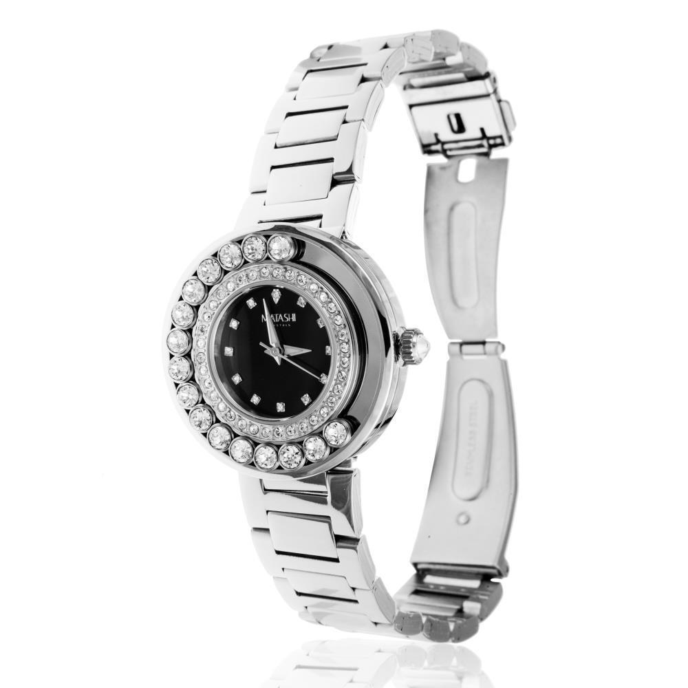 18K White Gold Plated  Black Face Luxury Watch w/ Genuine Crystals by Matashi