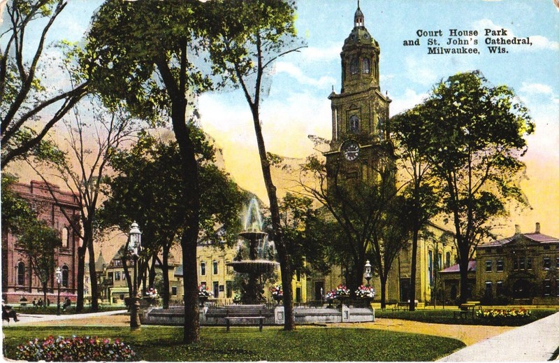 Milwaukee Antique Postcard, "Court House Park, St. John's Cathedral"