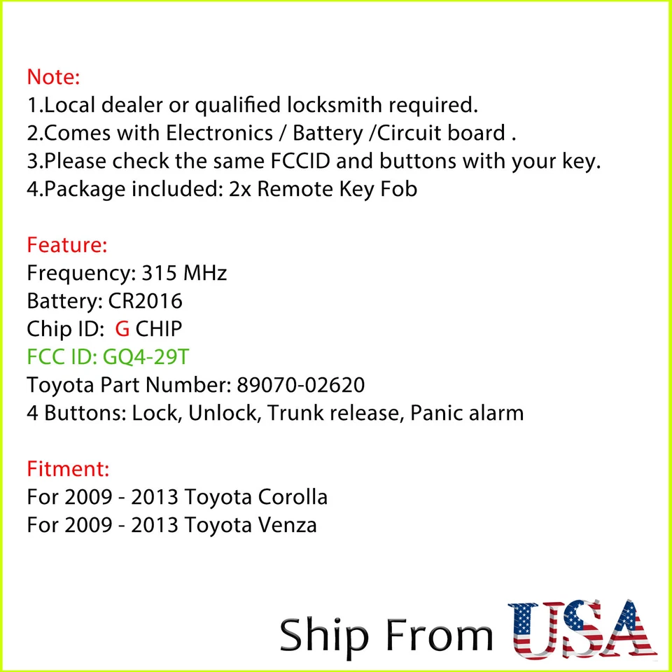 2 para Toyota Corolla Venza 2010 2011 2012 2013 mando a distancia sin llave coche llavero chip G Foto 2 de 4
