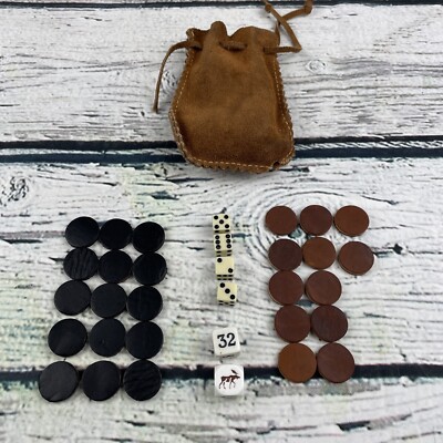 Vintage Unbranded Backgammon Pieces Leather With Pouch And Dice INCOMPLETE