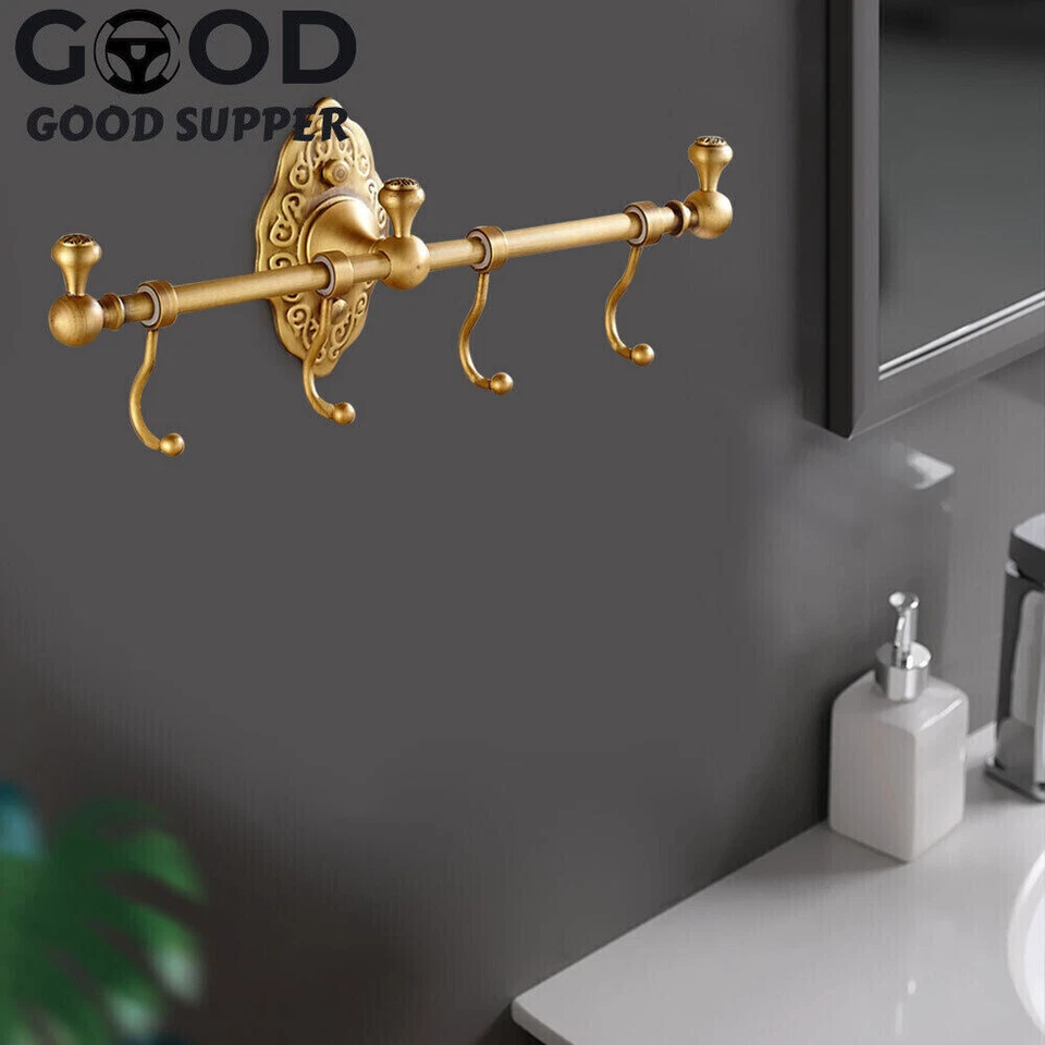 Vintage Towel Storage Shelf Brass Towel Bar Holder Wall-Mounted Rack W/ 4 Hooks - Image 3 of 4