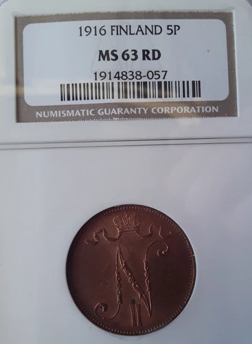 FINLAND 5 PENNIA NGC MS63 RD