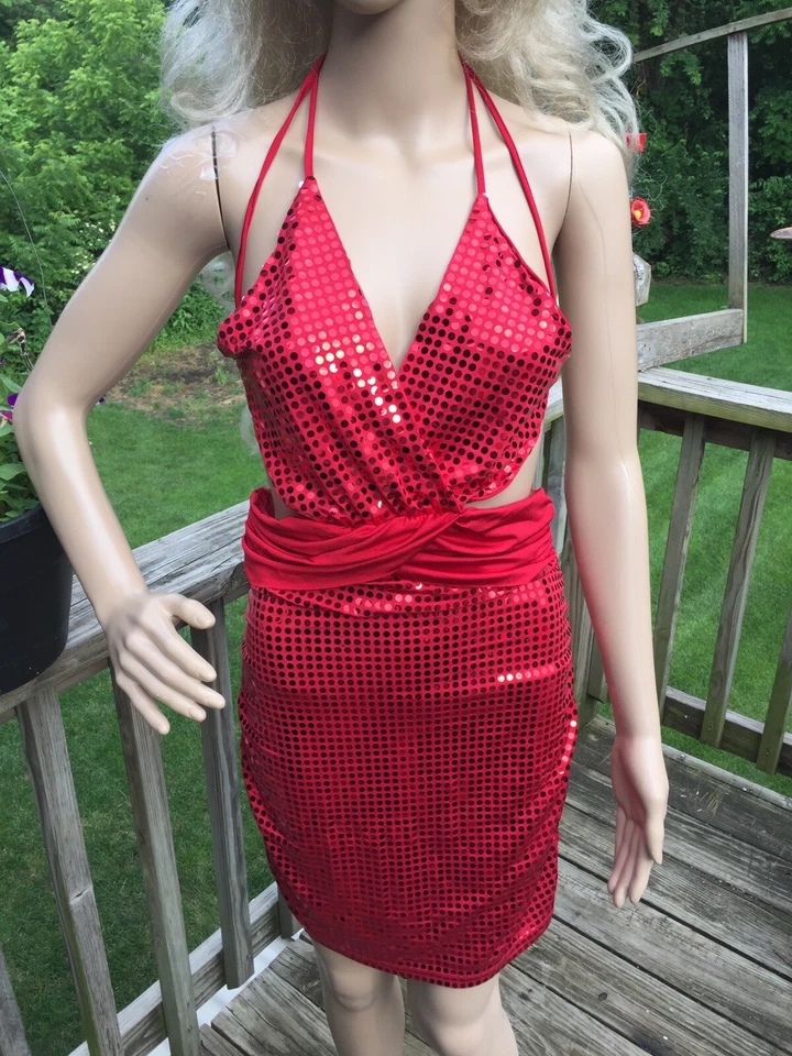 Women Bandage Bodycon Red Sequence Party Cocktail Mini Dress Clubbing Size M - Image 2 of 4