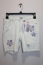 LEVI'S GIRLS LOW PITCH MIDI SHORTS DENIM DISTRESSED FLORAL OFF WHITE SIZE 10 REG