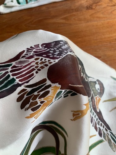Cushion Cover Hand-Painted 100% Silk Satin Ducks in Water & Flight Artist Signed - Picture 7 of 24