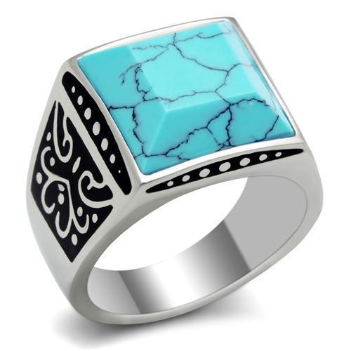 Men's Stainless Steel Square Cut Blue Turquoise Raised Emperor Ring SZ 8-13
