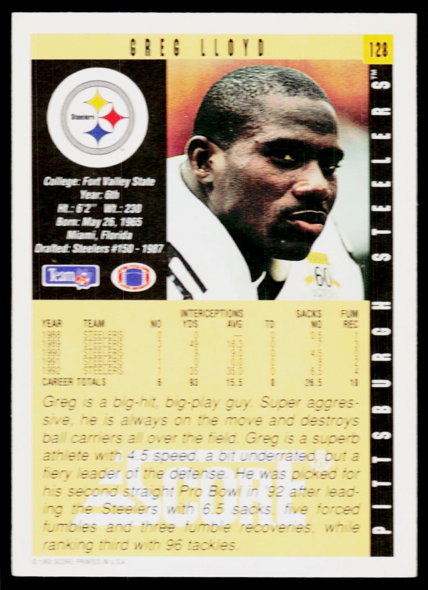 Greg Lloyd, 1993 Score, #128, Pittsburgh Steelers, | eBay