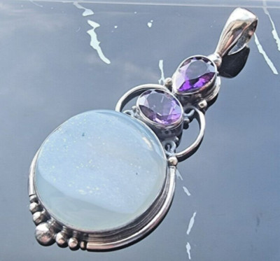 BEAUTIFUL 925 STERLING SILVER SPARKLING DRUZY AND SIBERIAN PLUM AMETHYST PENDANT