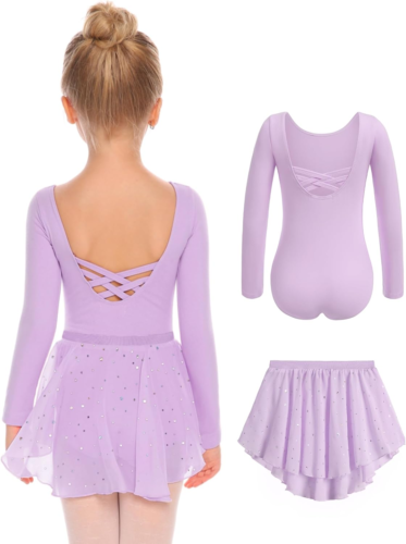 Girls Ballet Leotards Toddler Long Sleeve Crisscross Back Dance Dress Outfit wit - Picture 1 of 7