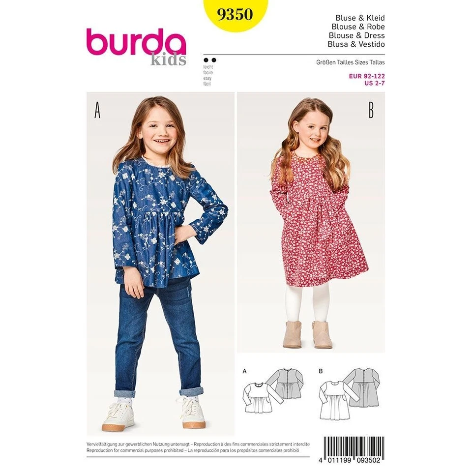 BURDA KIDS 9350 Mädchen Kleid & Top Schnittmuster Alter 2-7 Easy - Bild 1 von 4
