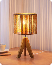 Small Rattan Table Lamp, Wood Tripod Bedside Lamp, Boho Nightstand Lamp Natural