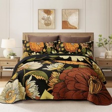 2 Piece Black Boho Floral Twin Size Quilt Sets Farmhouse Botanical Reversible...