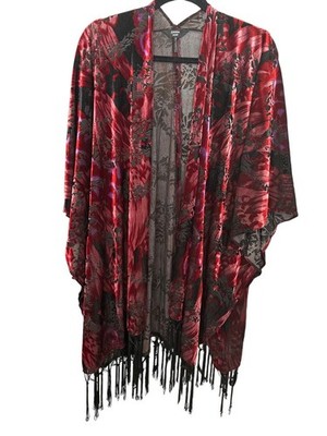 Womens Boho Gypsy Burnout Velvet Kimono Duster Jacket Fringe Open Red Burgundy