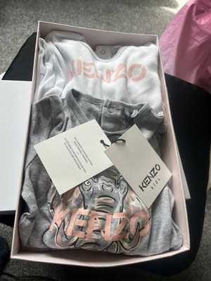 BN KENZO Designer Baby Girls grey Organic Cotton Babygrow, romper Gift Set 12M