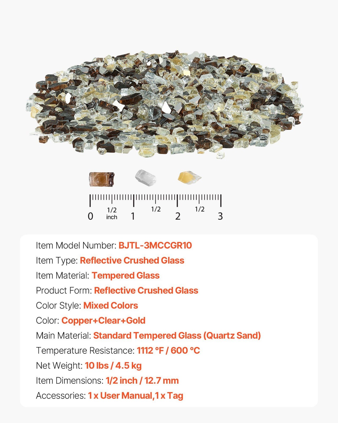 10lb 1/2-Inch Fire Glass Rocks for Fireplace or Fire Pit - Copper Gold Clear