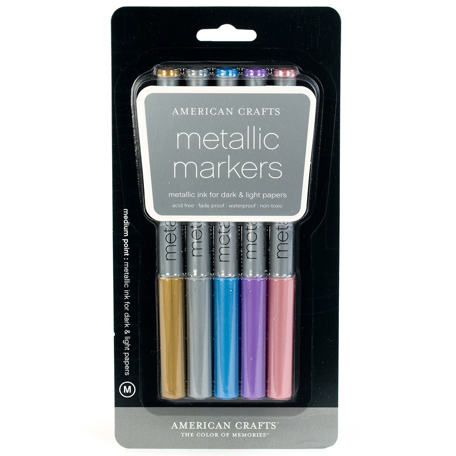 American Crafts Metallic Markers Medium Point 5/Pkg-Gold, Silver, Blue, Violet &