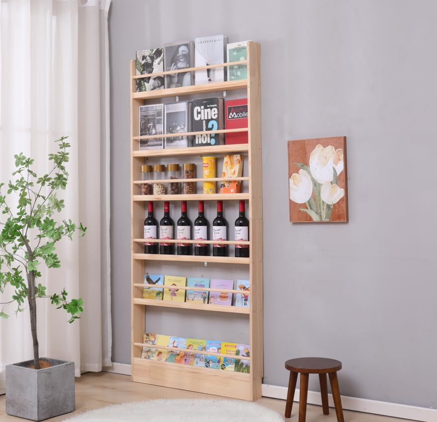 Space-Saving Wooden Kids Bookshelf, 6-Tier Wall Mount Organizer for Toys & Books