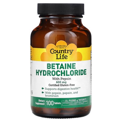 2 X Country Life, Betaine Hydrochloride with Pepsin, 600 mg, 100 Tab-Worldwide