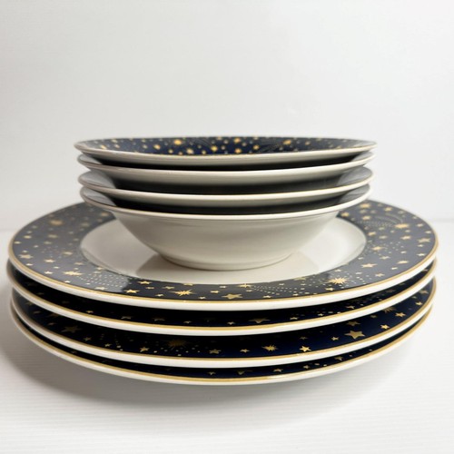 Rare 1993 Vitromaster GALAXY 4 Plates & 4 Bowls Blue with Gold Stars Celestial - Picture 1 of 20
